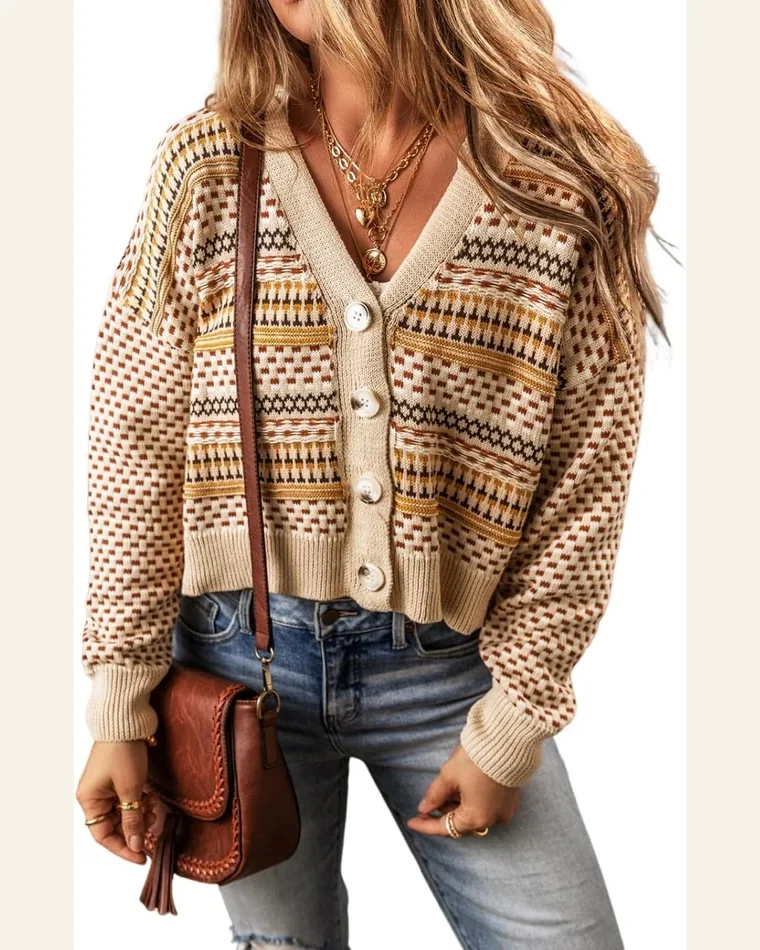 Cardigan Sweater Casual Khaki Buttoned V Neck Cropped by SELINK