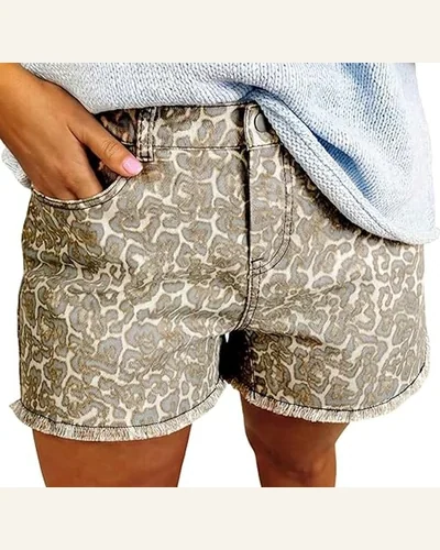 Casual Khaki Raw Edge Leopard Print Denim Shorts, view 1