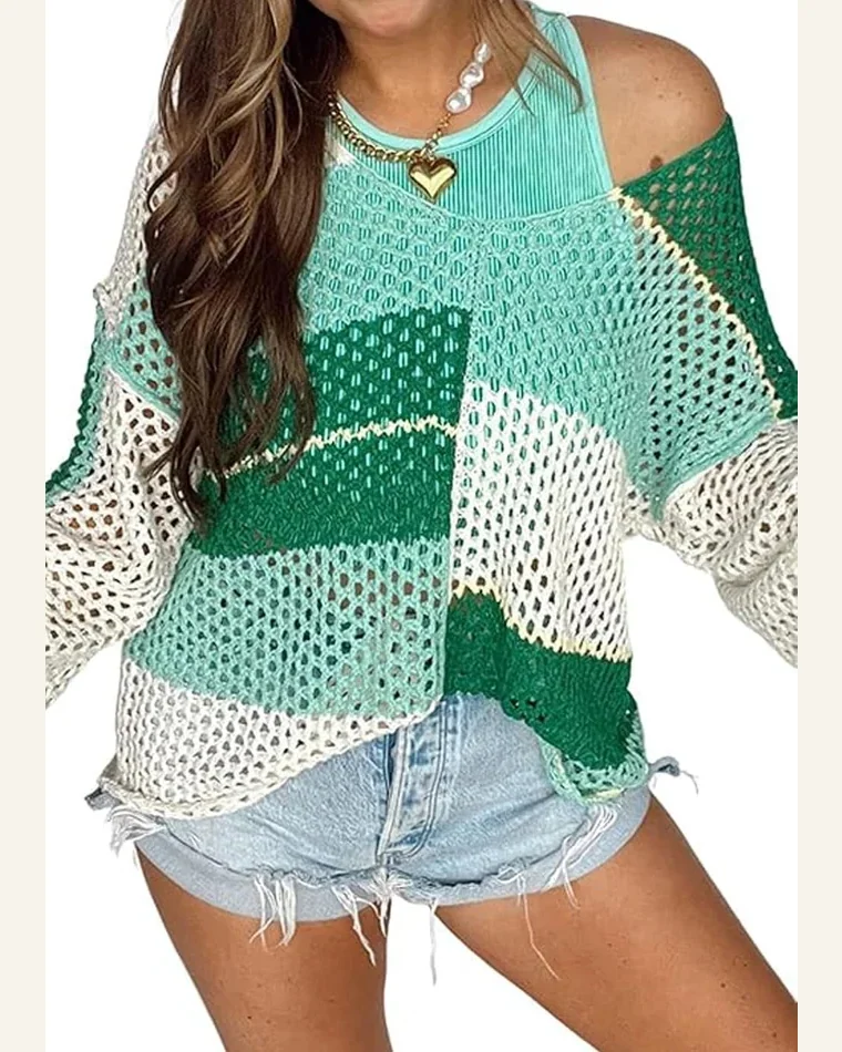 Casual Color Block Pullover Sweater Tops Dark Green by SELINK