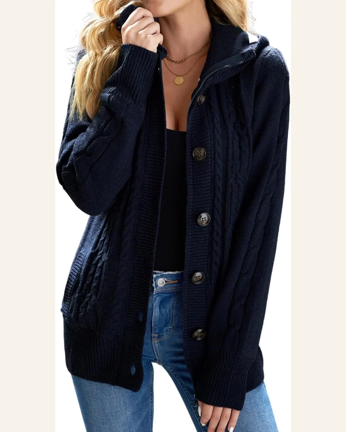 Cardigan Sweater Casual Navy Blue Long Sleeve Button-up by SELINK