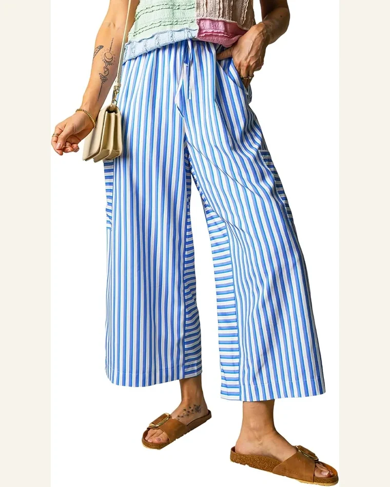 Striped Wide Leg Pants Drawstring Elastic Casual Trousers by SELINK