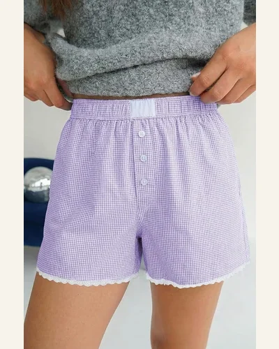 Casual Purple Gingham Plaid Lace Trim Boxer Shorts, view 4