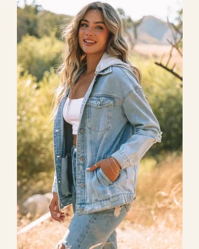 Denim Jean Jacket Casual Sky Blue Button Closure, view 3