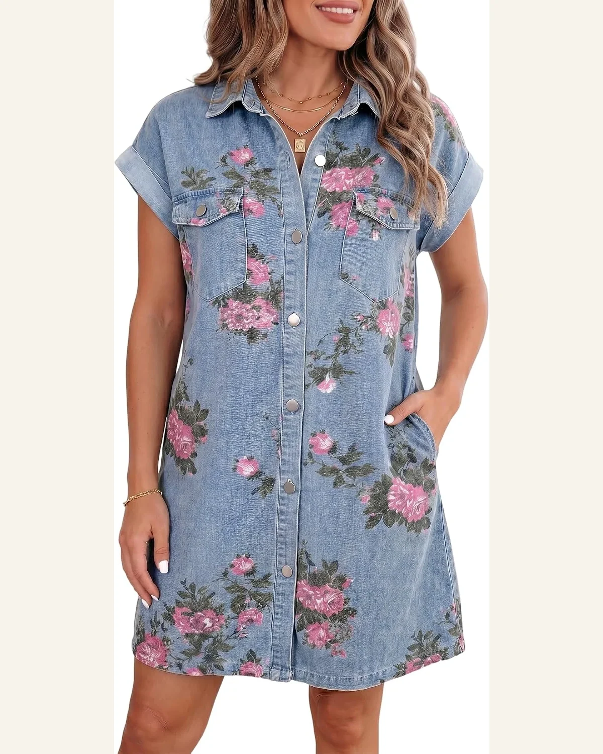 Floral Cuffed Short Sleeve Button Down Denim Dress by SELINK