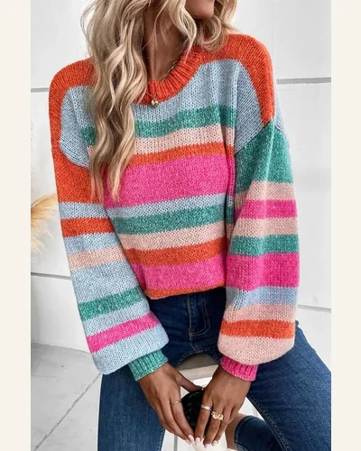 Pullover Sweater Tops Casual Multicolor Striped Knit Drop, view 3