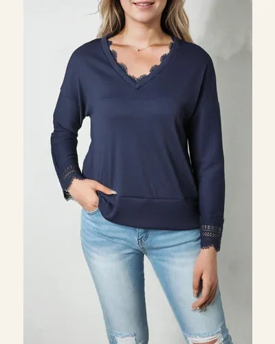 Tunic Tops Casual Blue Ribbed Texture Lace Trim, view 4