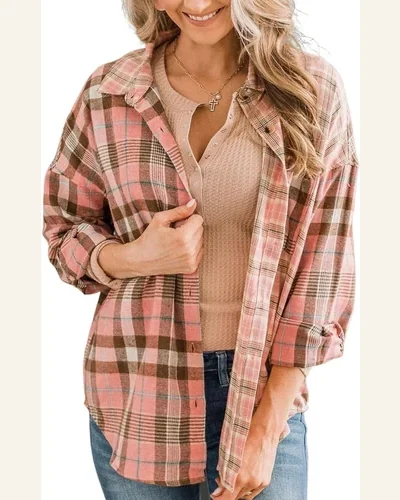 Plaid Flannel Shirts Casual Drop Shoulder Button, view 1