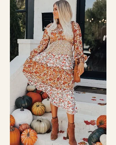 Fall Dresses Elegant Khaki Floral Print Ruffled Tiered, view 3
