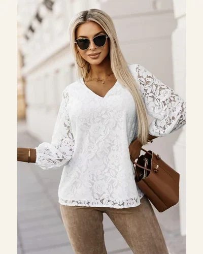 Tunic Tops Casual White Floral Lace Crochet Loose, view 3