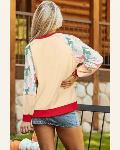 Tunic Tops Country Beige Bowknot Printed Patchwork Raglan, view 2