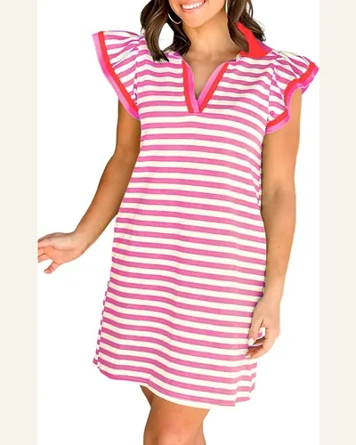 Summer Mini Dresses Striped V Neck Flutter Sleeve, view 4