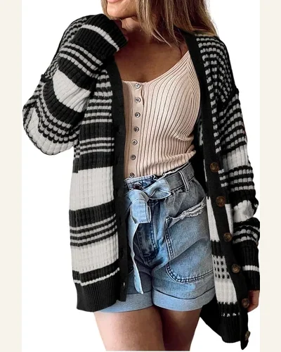 Cardigan Sweater Casual Black Colorblock Textured Knit Buttoned, view 1