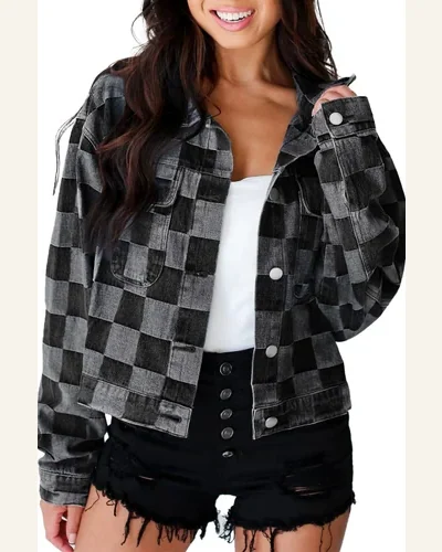 Casual Black Checkered Denim Jean Jacket Patchwork Button, view 1