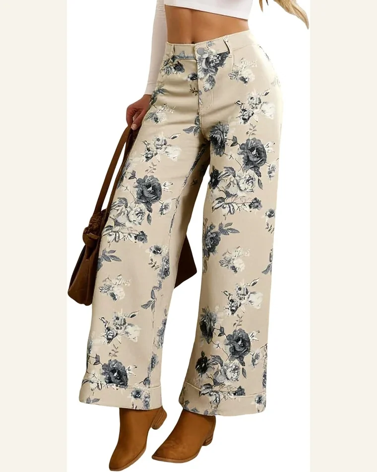 High Waisted Jeans Beige Vintage Floral Turn-up Cuffed by SELINK