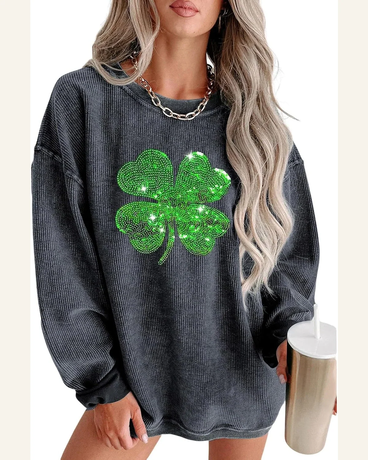 St Patricks Day Sweatshirt Sequin Graphic Crewneck Drop by SELINK
