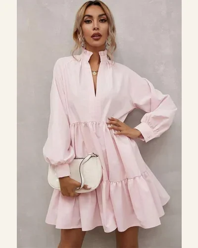 Fall Dresses Elegant Pink Frilled Stand Collar Long, view 4