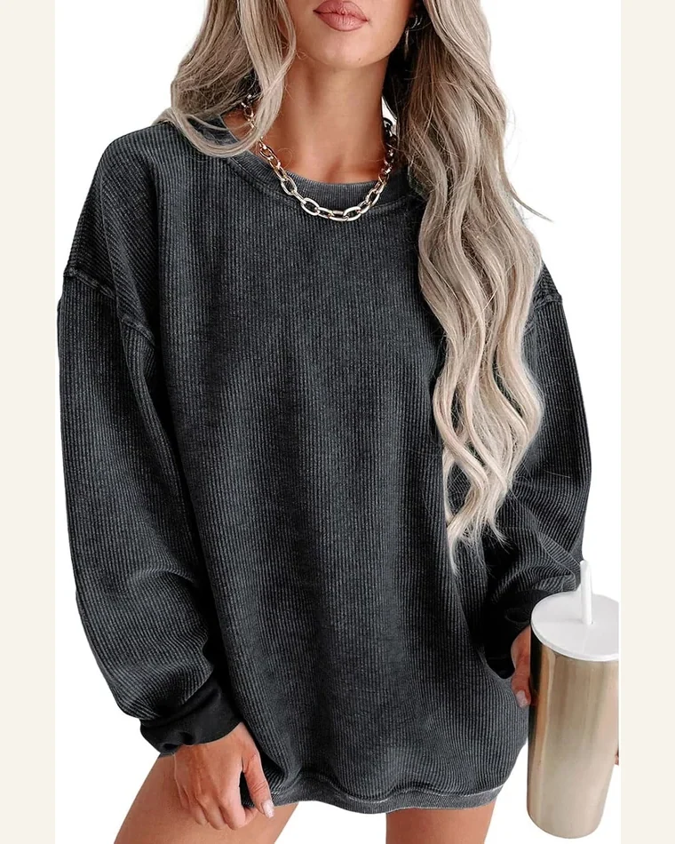 Crewneck Oversized Corduroy Corded Sweatshirt Casual Pullover by SELINK