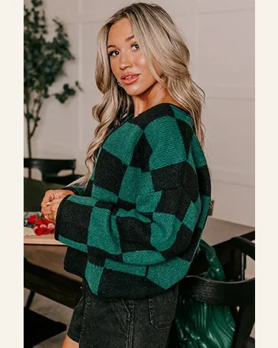 Casual Green Checked Pullover Sweater Tops Notched Neckline, view 3
