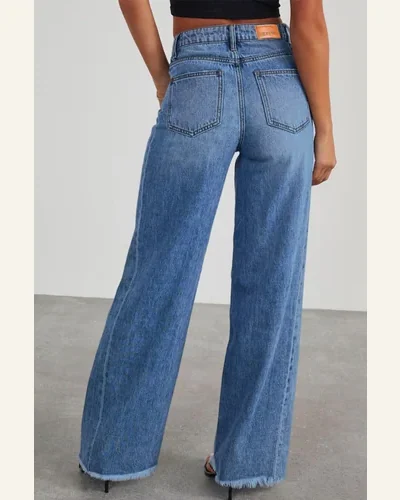 Casual High Waisted Jeans Frayed Edge Loose Straight, view 2