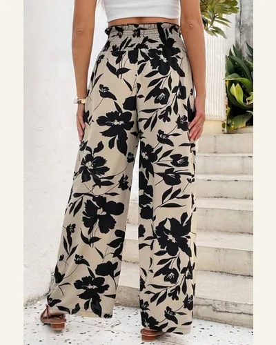Casual Loose Pants Boho Khaki Floral Print Smocked, view 2