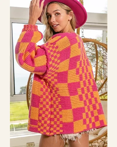 Cardigan Sweater Vintage Open Front Mixed Checkered Pattern, view 3