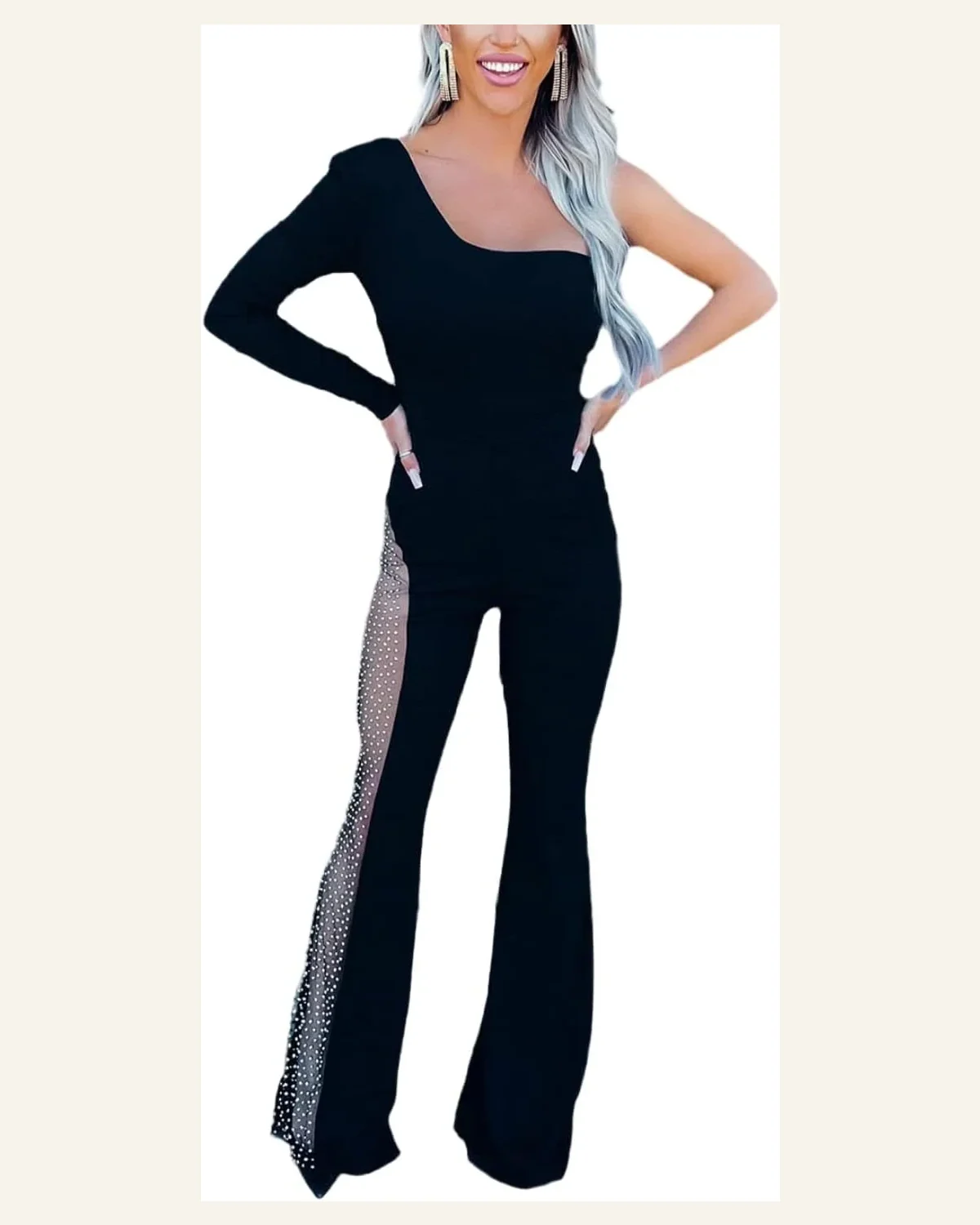 Jumpsuits Long Sleeve Black One-shoulder Gem Rhinestone Accent by SELINK