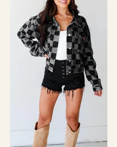 Casual Black Checkered Denim Jean Jacket Patchwork Button, view 4