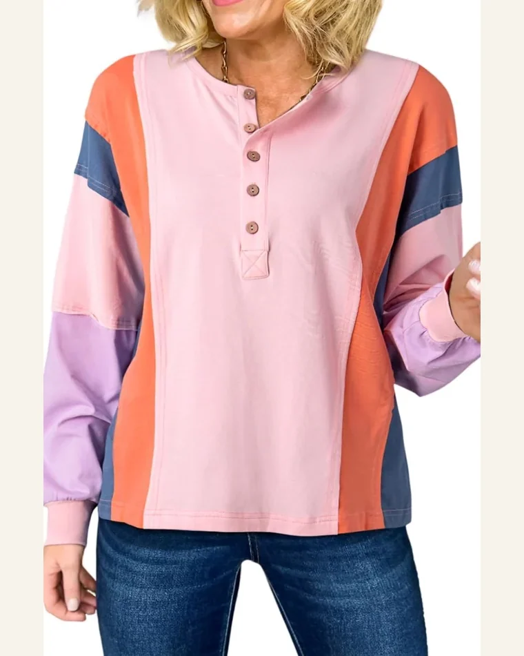 Tunic Tops Casual Pink Colorblock Long Sleeve Buttons by SELINK
