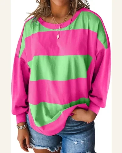 Tunic Tops Casual Light Green Colorblock Striped Drop, view 1