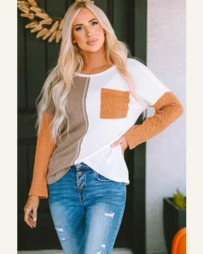 Tunic Tops Casual Orange Long Sleeve Colorblock Chest, view 3