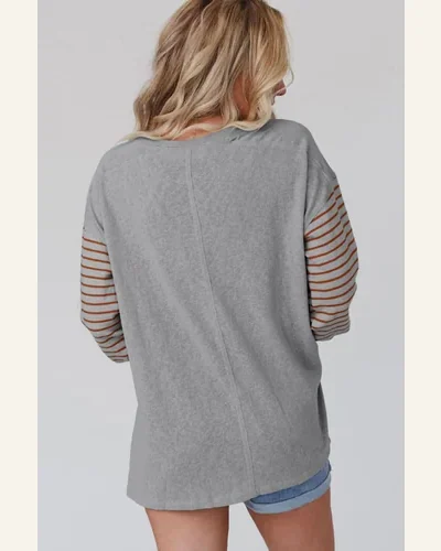 Tunic Tops Casual Gray Colorblock Striped Bishop Sleeve, view 2