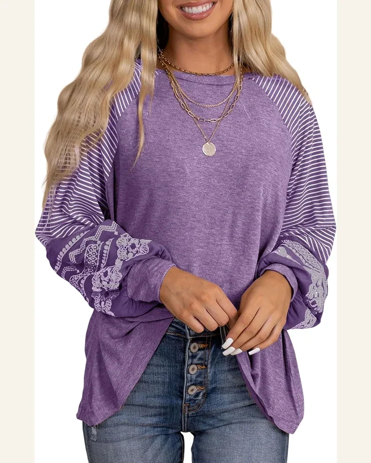 Long Sleeve Tops Striped Colorblock T Shirts Casual by SELINK