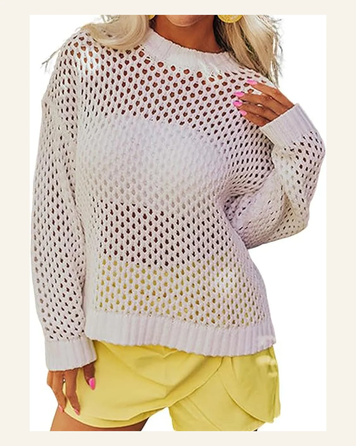 Casual Pullover Sweater Tops White Solid Color Open by SELINK