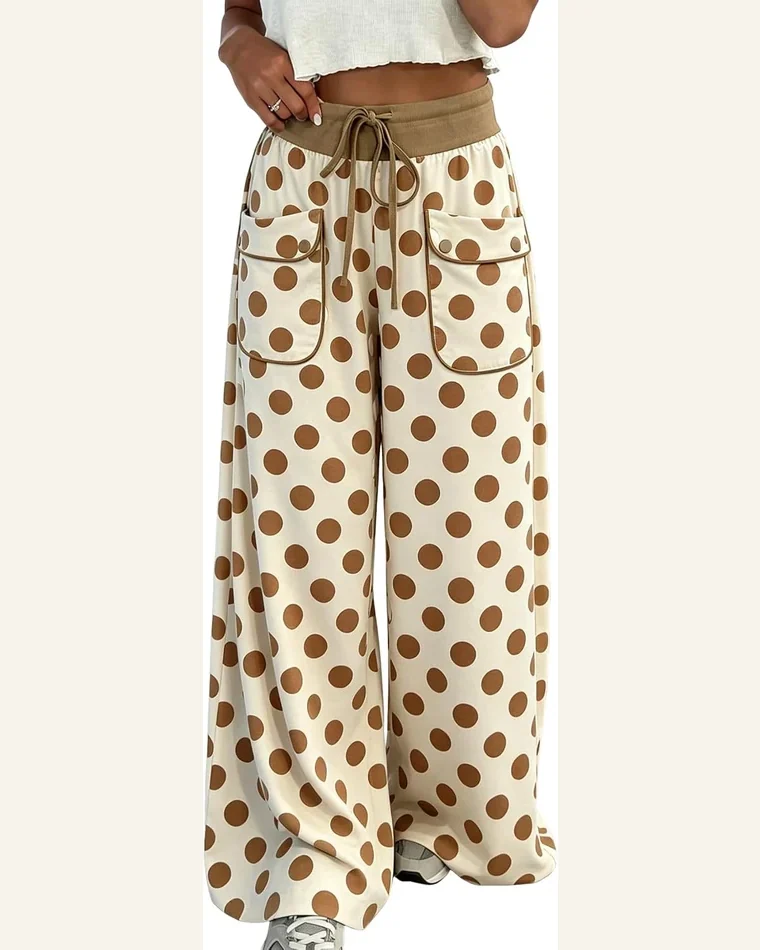Casual Polka Dot Drawstring High Waist Wide Leg Pants by SELINK