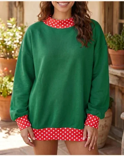 Colorblock Polka Dot Oversized Sweatshirt Pullover Patchwork Tops, view 2