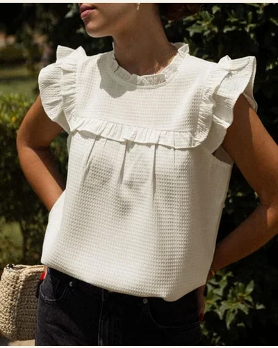 Summer Tops Ruffle Short Sleeve Waffle Knit, view 2