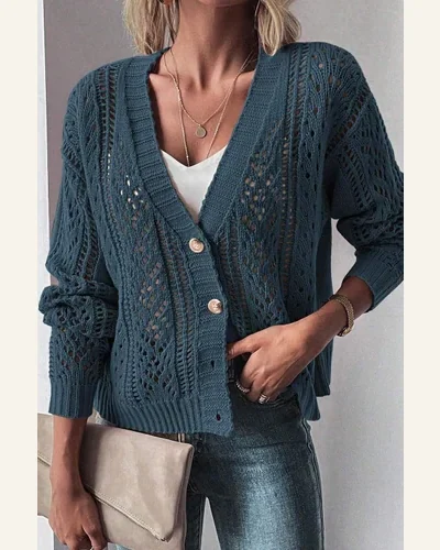Cardigan Sweater Basic Real Teal Open Knit Drop, view 4