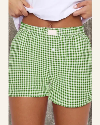 Casual Green Plaid Shorts Gingham High Waist Elastic, view 3