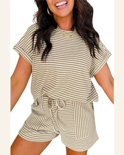 2 Piece Outfits Summer Textured Crewneck T Shirts, view 1