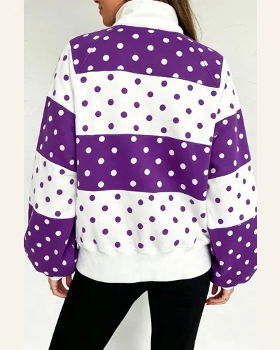 Casual Polka Dot Colorblock Snap Botton Sweatshirt, view 2