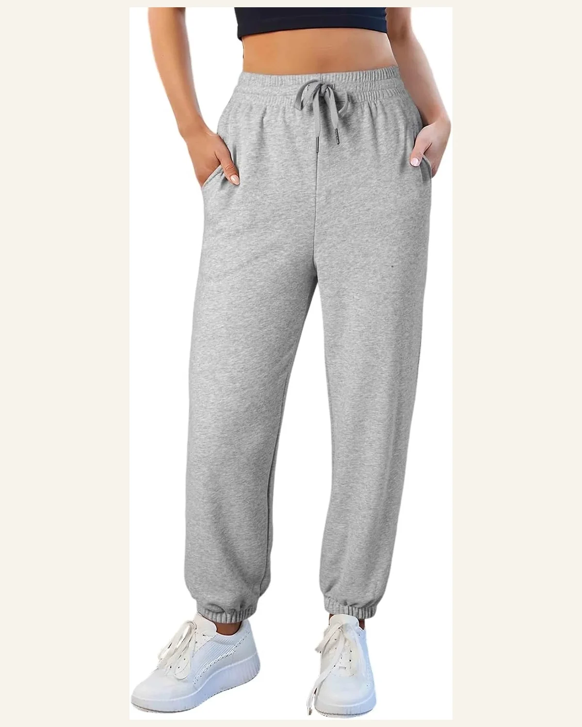 Casual Light Grey Fleece Lined Pants Drawstring Elastic by SELINK