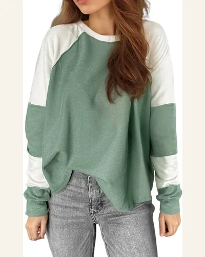 Tunic Tops Casual Mint Green Ribbed Colorblock Patchwork, view 1