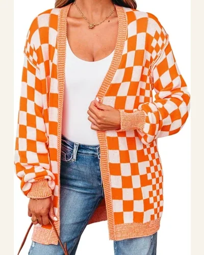 Casual Checkered Cardigan Sweater Open Front Drop Shoulder, view 4