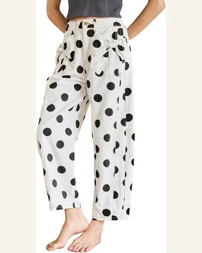 Casual Loose White Polka Dot Print Bow Pocketed Jeans, view 1