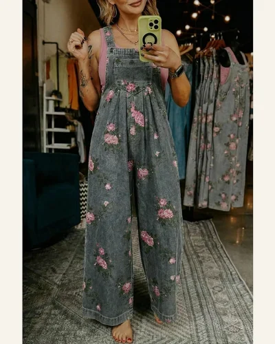 Floral Print Pleated High Waist Wide Leg Overalls, view 2