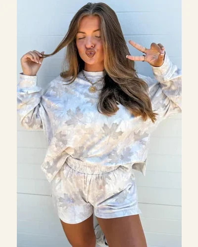 2 Piece Outfits Casual Beige Camo Pullover Top, view 3