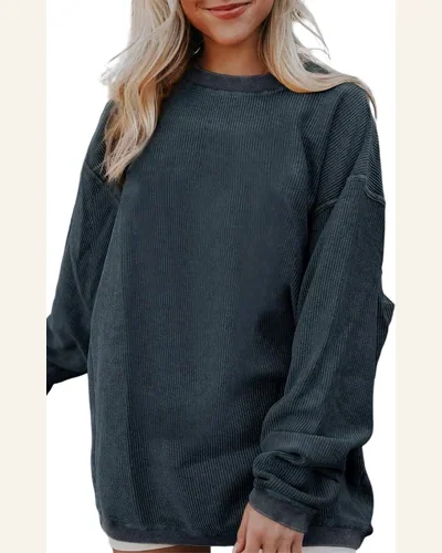 Casual Dark Grey Ribbed Corduroy Oversized Sweatshirts Solid, view 1
