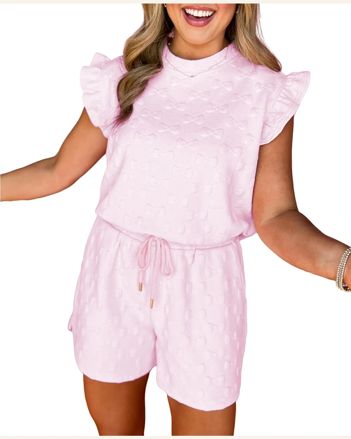 2 Piece Outfits Sweatsuit Bow Jacquard Ruffle Short by SELINK