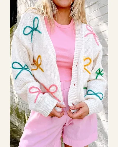 Cardigan Sweater Elegant White Bowknot Drop Shoulder Knitted, view 4