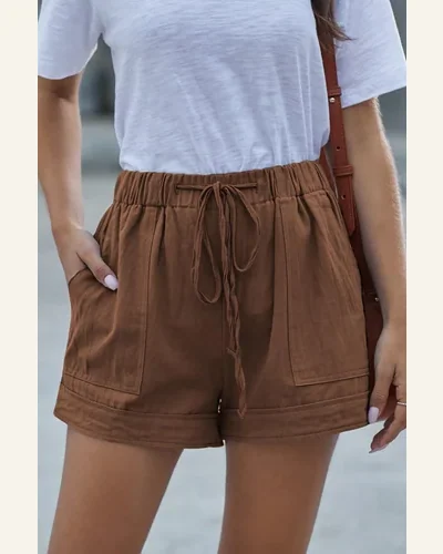 Casual Loose Brown Strive Tencel Shorts with Pocket, view 4